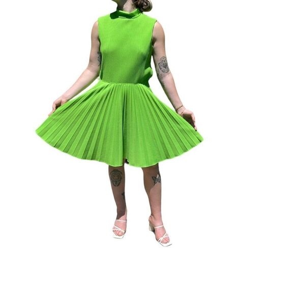 Vintage 1960s Womens Burt Stanley Lime Green Pleated Retro Mid Mod Mini Dress - Picture 3 of 13